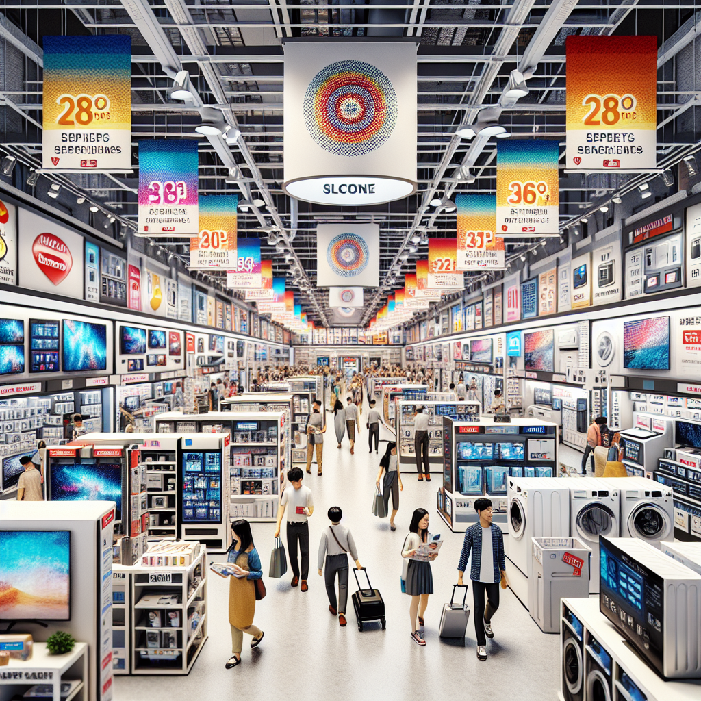 An appliance retail store in Singapore with customers and modern electronics on display.