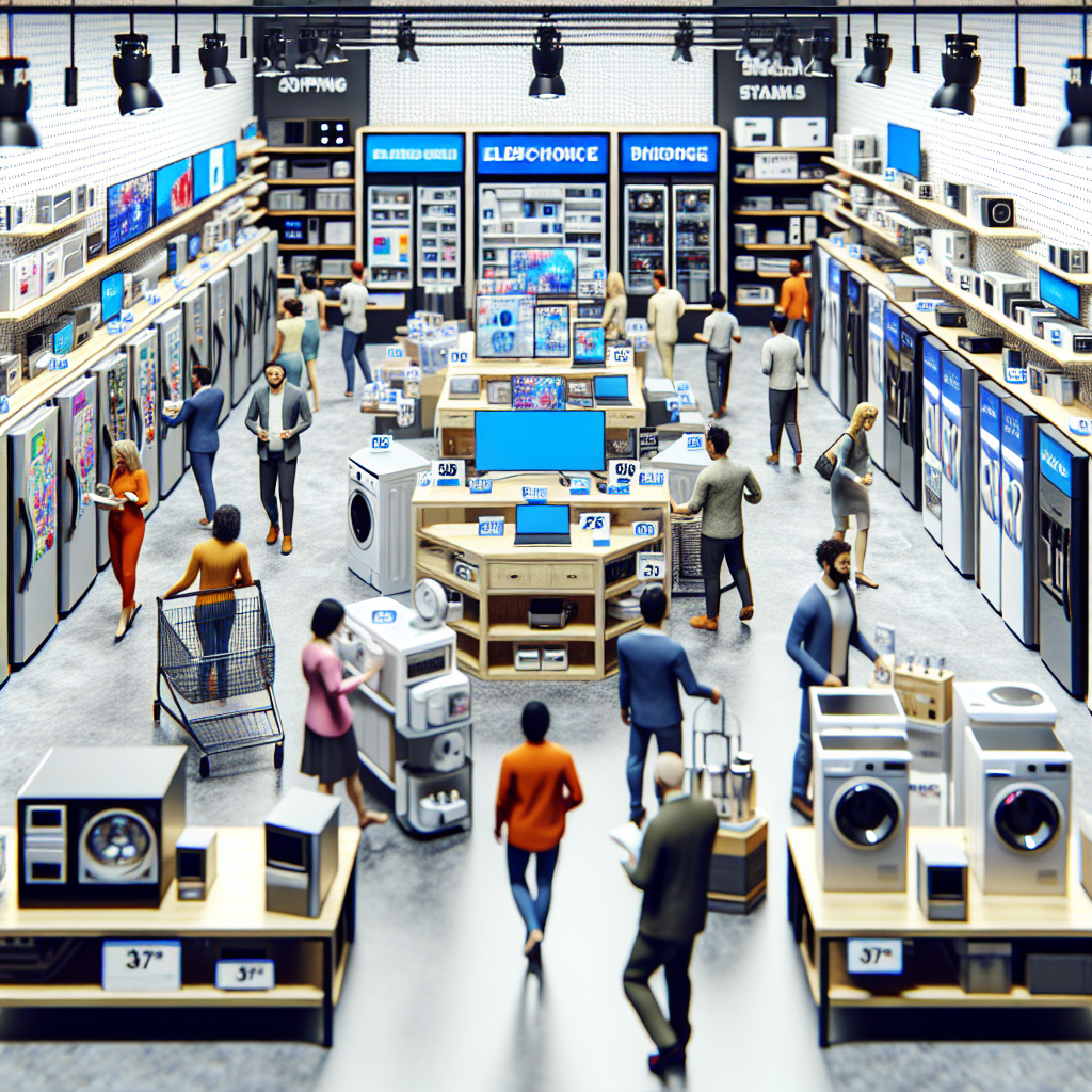 A busy appliance retail store in Singapore with customers and electronics on display.