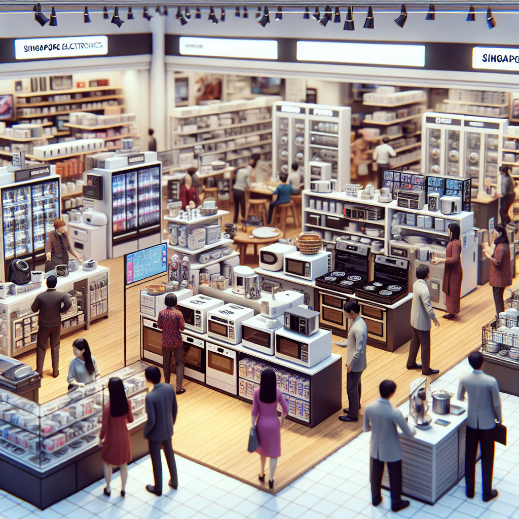 An appliance retail store in Singapore with electronic devices and kitchen appliances on display.