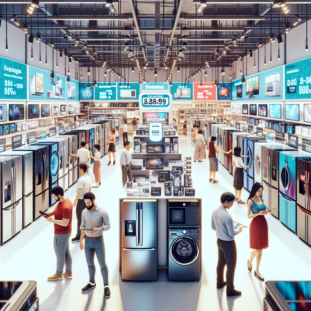 Singapore appliance retail store bustling with customers and stocked with modern appliances.