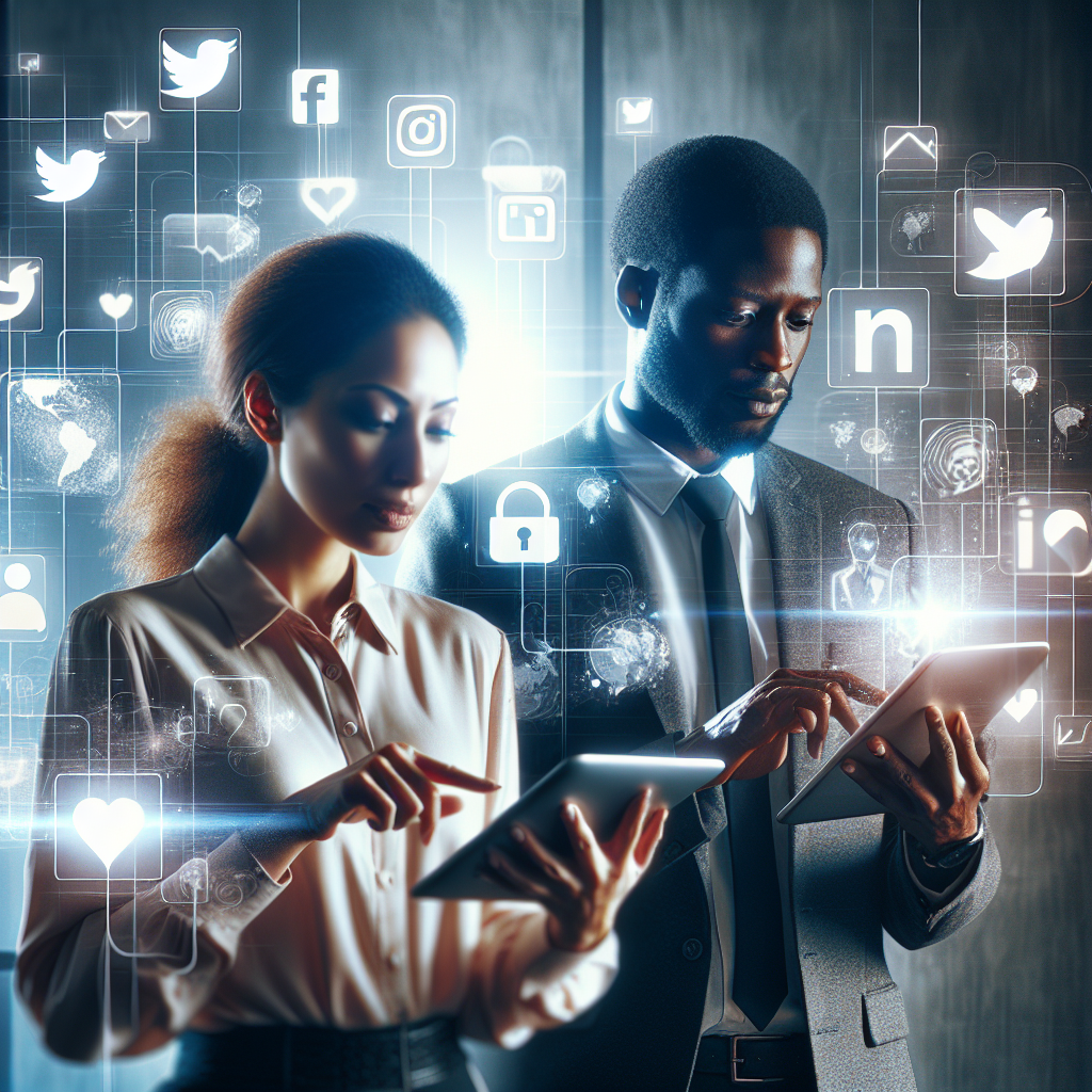 An image depicting a social media manager working with floating social media platform icons surrounding them, highlighting the dynamic and strategic aspects of social media management.