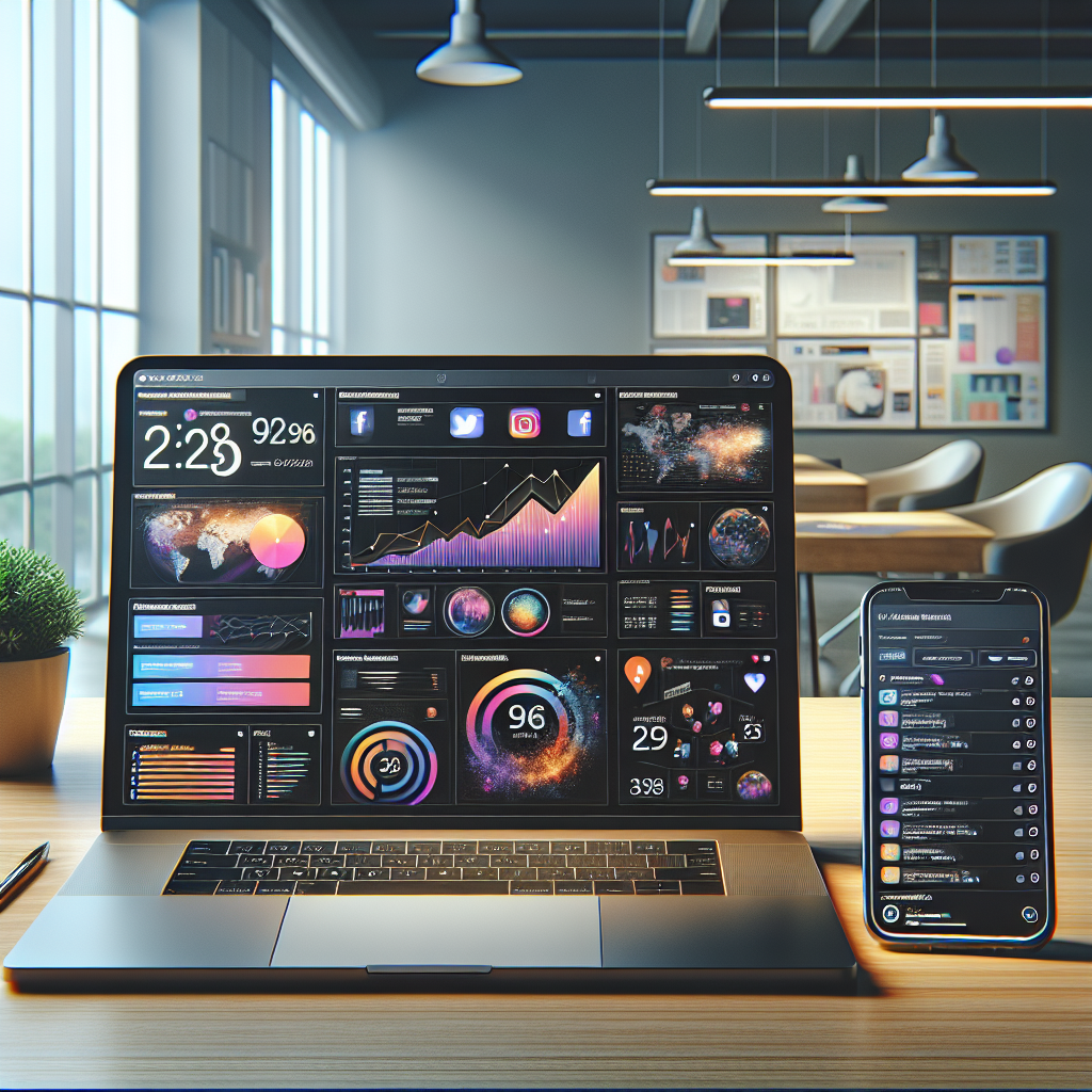 Realistic office setting with a laptop and smartphone displaying a social media management dashboard.