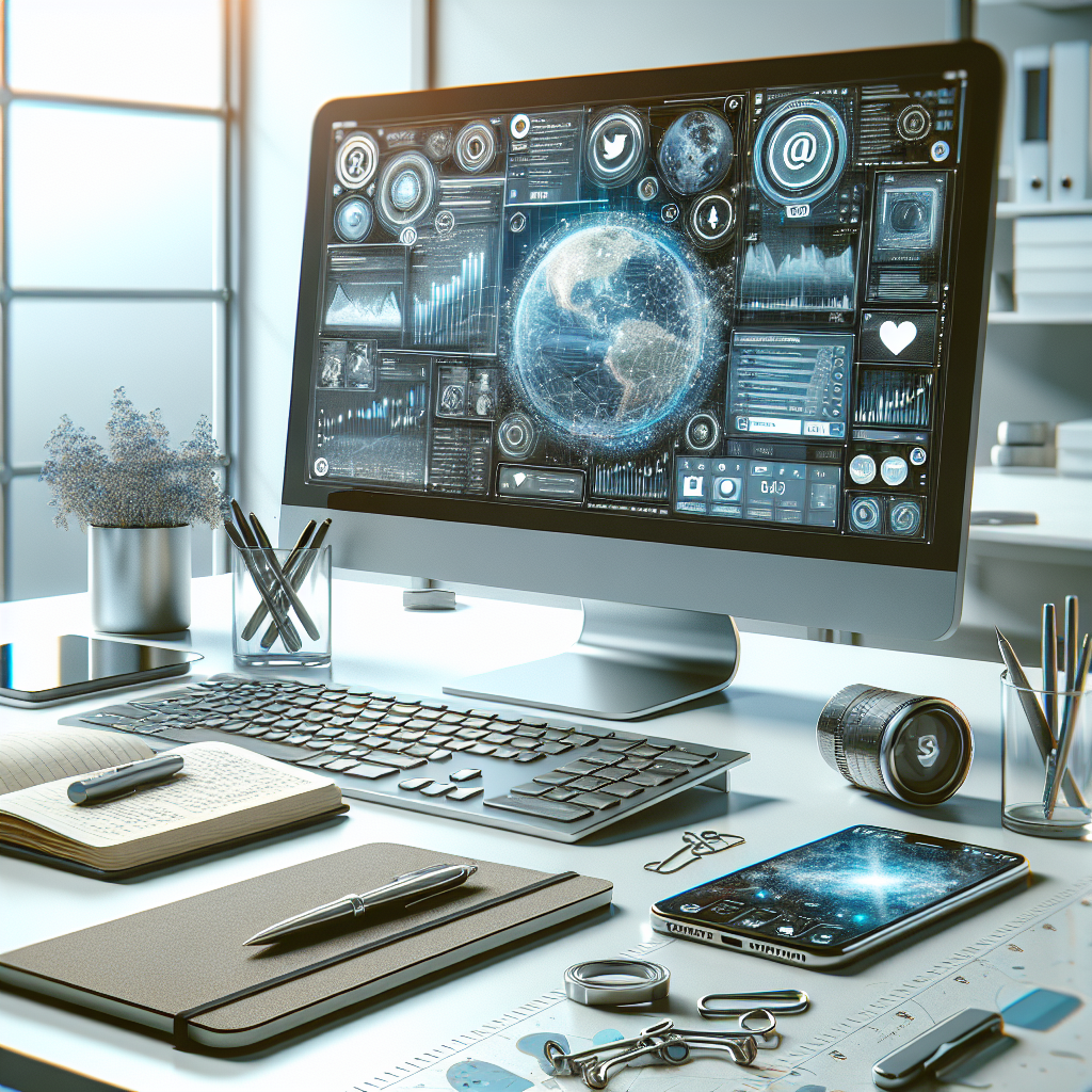 A digital artwork of a social media manager's workstation with a computer monitor showing management tools, a smartphone displaying notifications, in a bright office space.