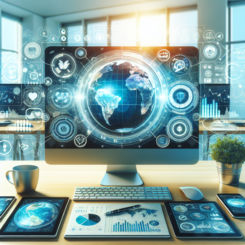 An organized digital marketer's desk with computer screen showing social media tools, smartphone, tablets, and analytics, in a well-lit office with a global map background.