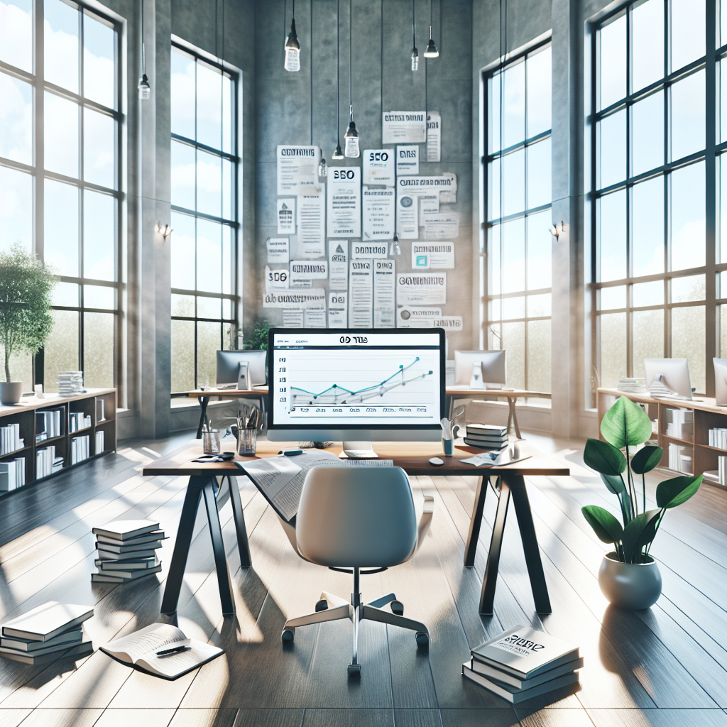 Desk with a computer displaying SEO rankings graph, notes on SEO strategies, a smartphone with 'SEO Tips' notification, and an office plant, symbolizing growth in a bright, modern office. No text present.