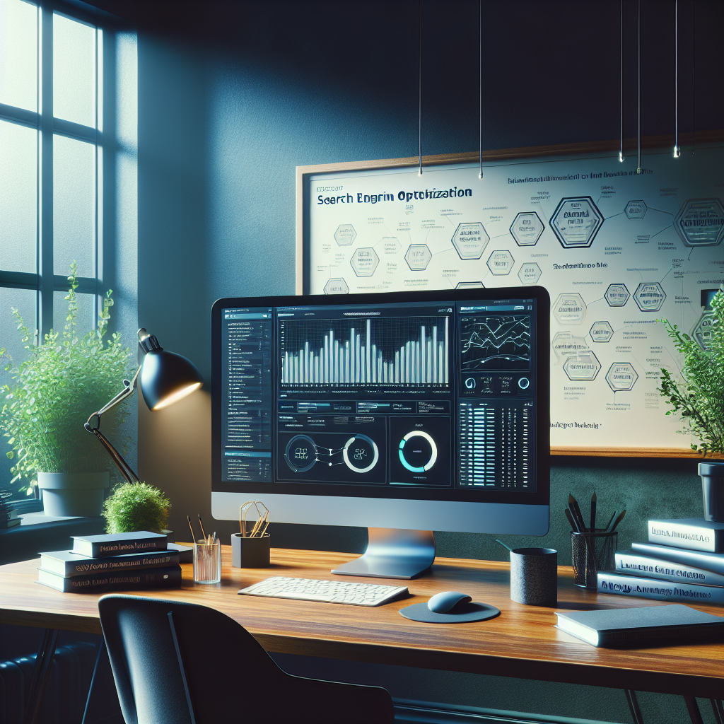 A realistic digital workspace with a computer screen showing an SEO tool, desk with SEO books, a whiteboard with SEO strategy, and a plant in soft morning light.