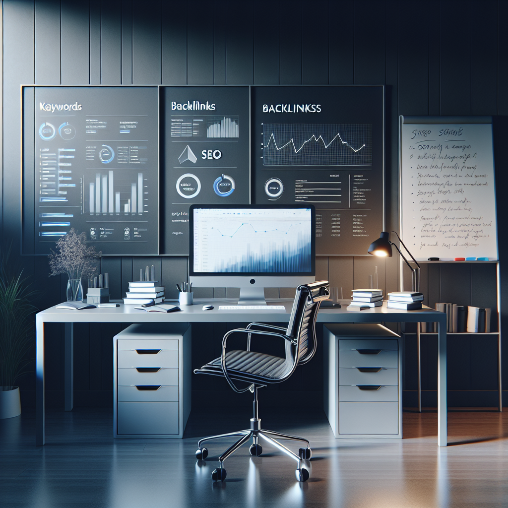 Modern professional office setup highlighting elements of SEO work like a computer with graphs, SEO strategies book, and a whiteboard with key terms.