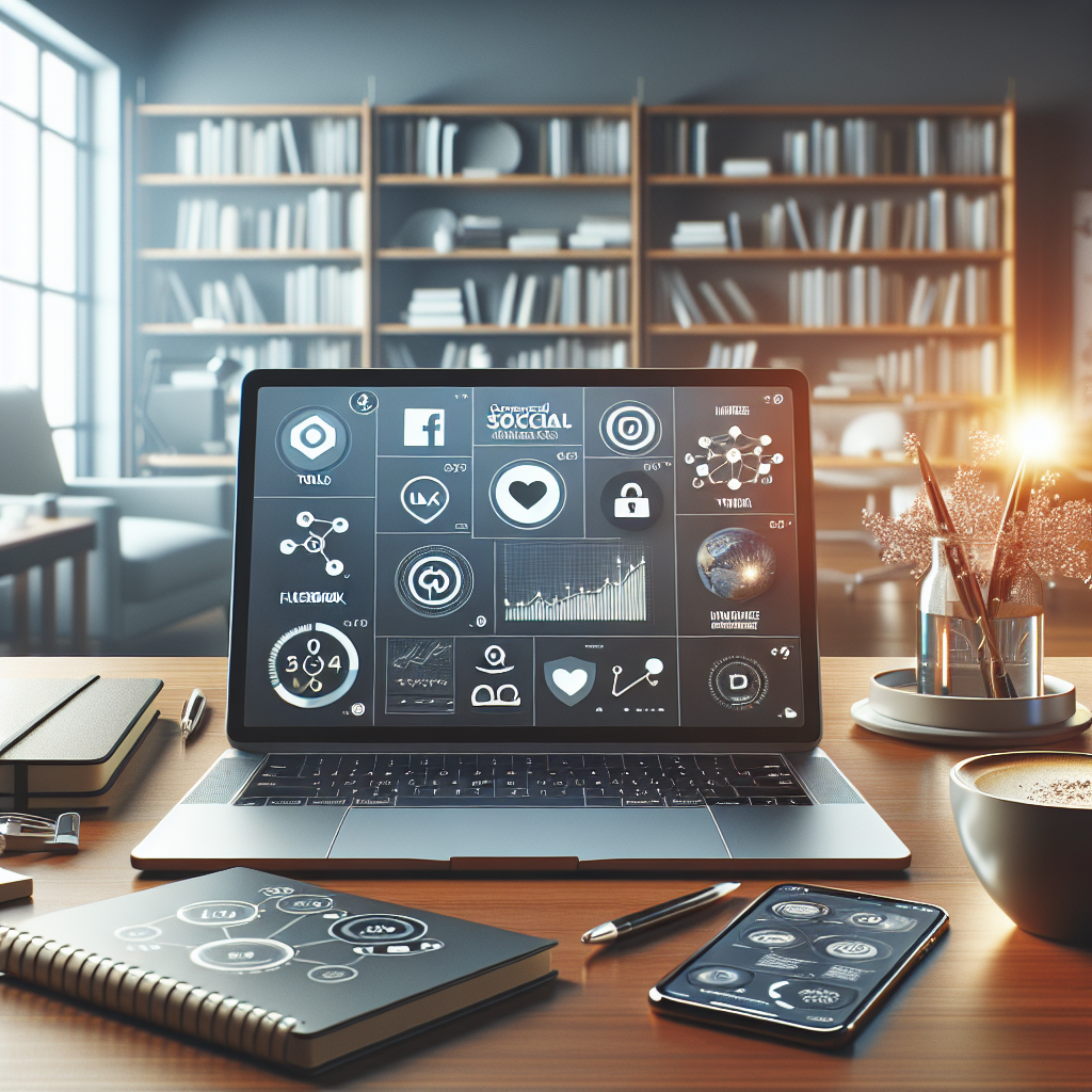 A modern workspace with a laptop displaying social media platforms and analytics.