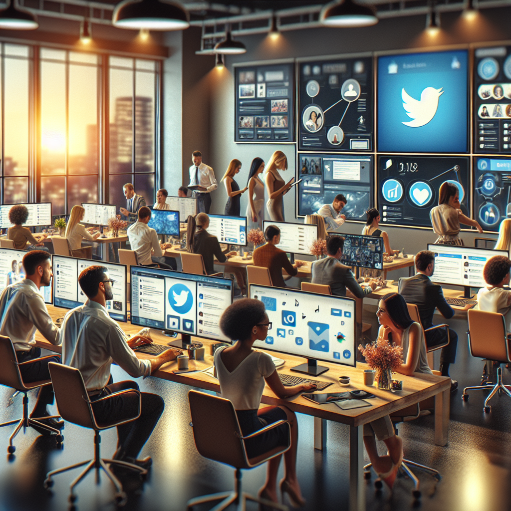 Realistic image of people collaborating in an office on social media management, with screens showing various social media platforms.