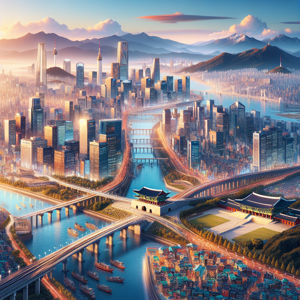 Realistic depiction of Seoul and Busan highlighting their unique urban and natural elements.