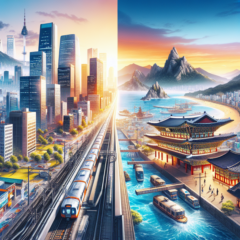 A realistic image of Seoul and Busan, showcasing Seoul's skyscrapers and ancient palaces alongside Busan's beaches and mountains.