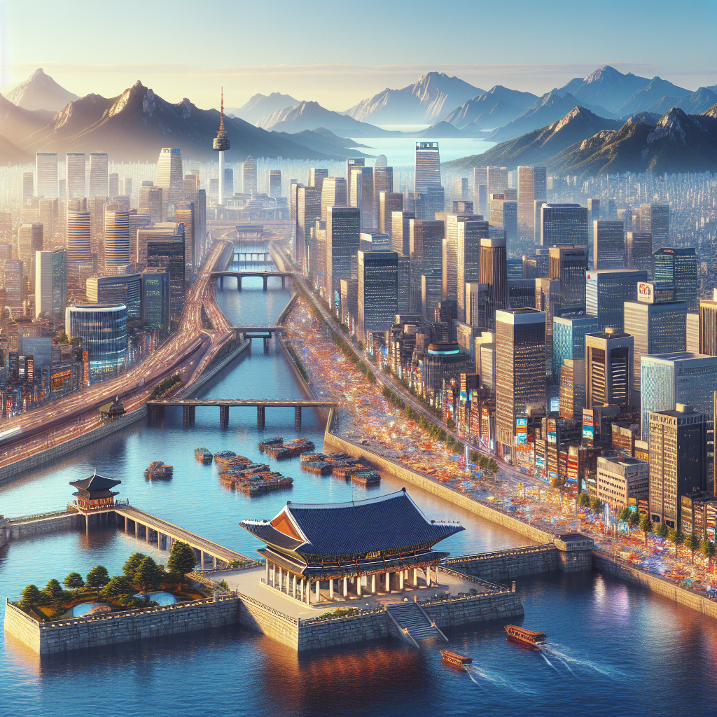 Realistic depiction of Seoul's skyscrapers and palaces, and Busan's beaches and mountains.