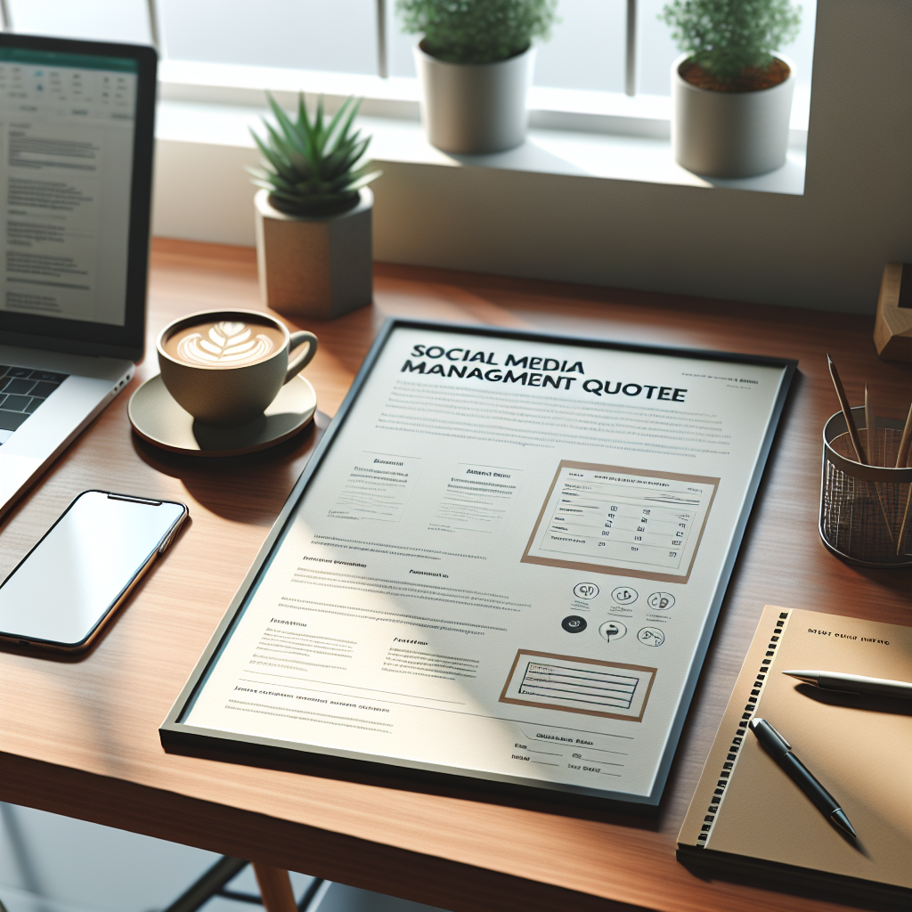 A modern workspace with a social media management quote template on a desk, accompanied by a laptop, coffee cup, plant, and smartphone.