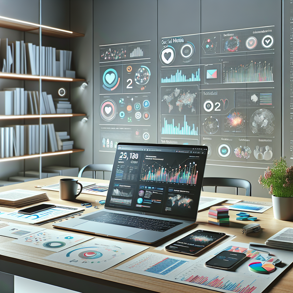 A realistic depiction of a social media management office setup with a laptop, documents, and charts.