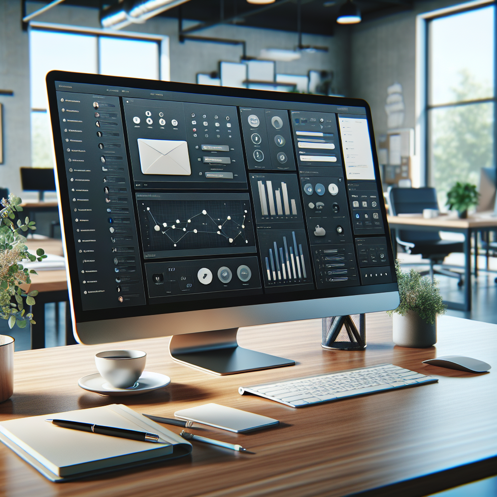 A professional workspace with a social media quote template on a computer monitor, surrounded by office supplies and plants.