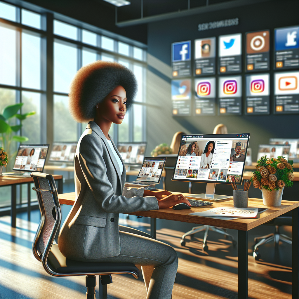 A professional Nigerian social media manager working at a desk with multiple screens showing social media platforms.