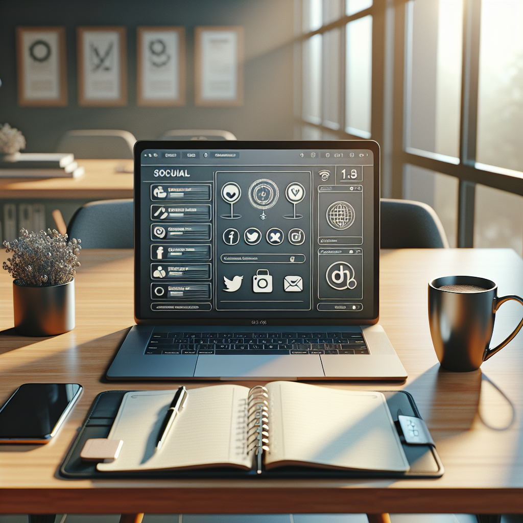 Modern office desk with a laptop on a social media dashboard, planner, coffee mug, and smartphone.