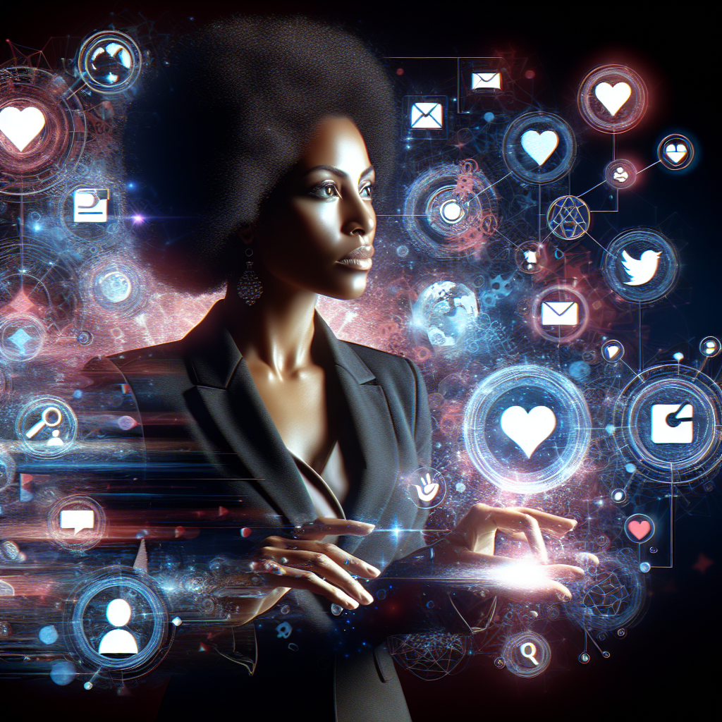 A realistic representation of social media management, with an individual using a digital interface to handle various social media platforms, designed with vibrant and dynamic elements.