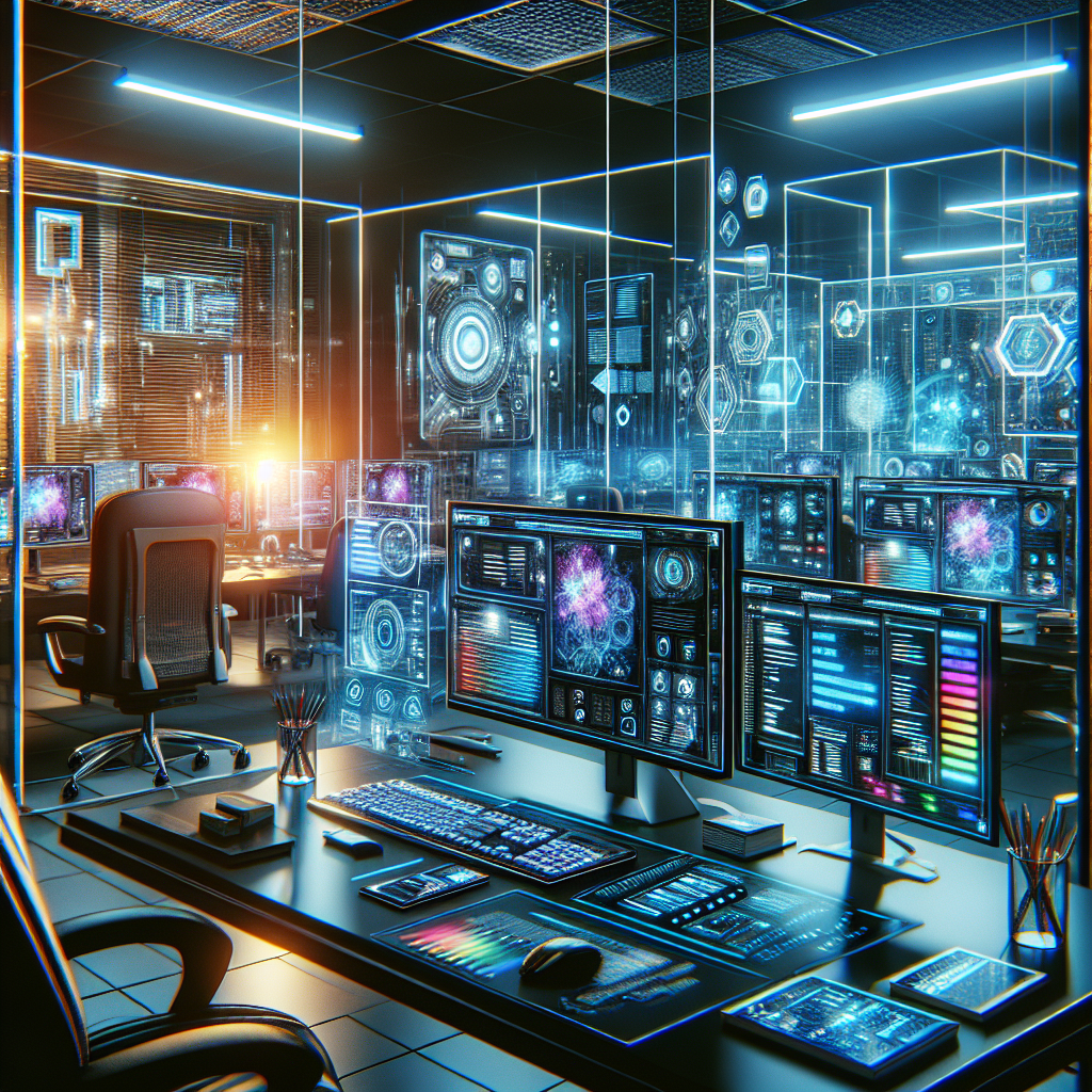 An image inspired by the modern website development theme, featuring futuristic interfaces and tools in a professional office setting.