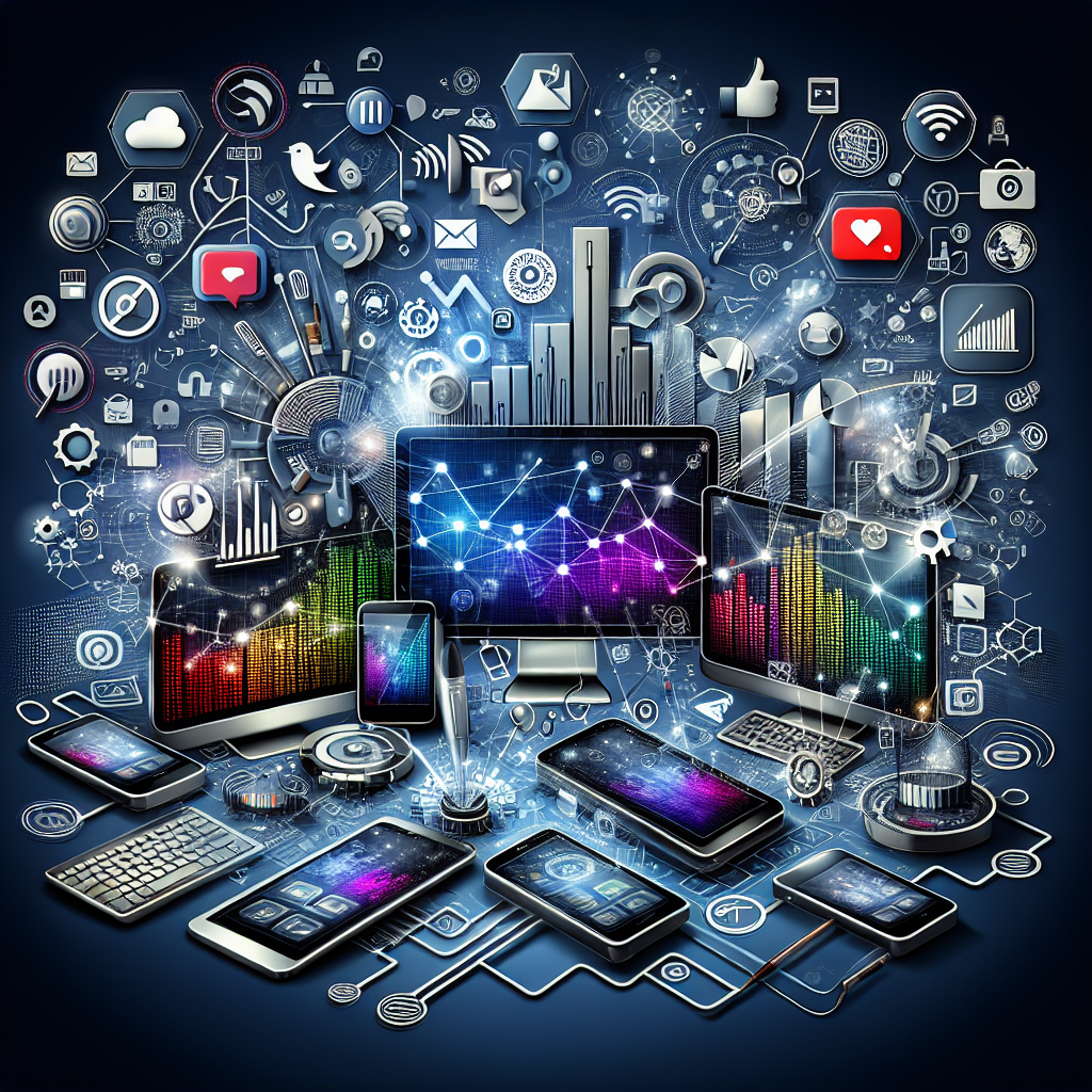 An image illustrating the power of digital marketing with electronic devices, social media icons, and graphs.