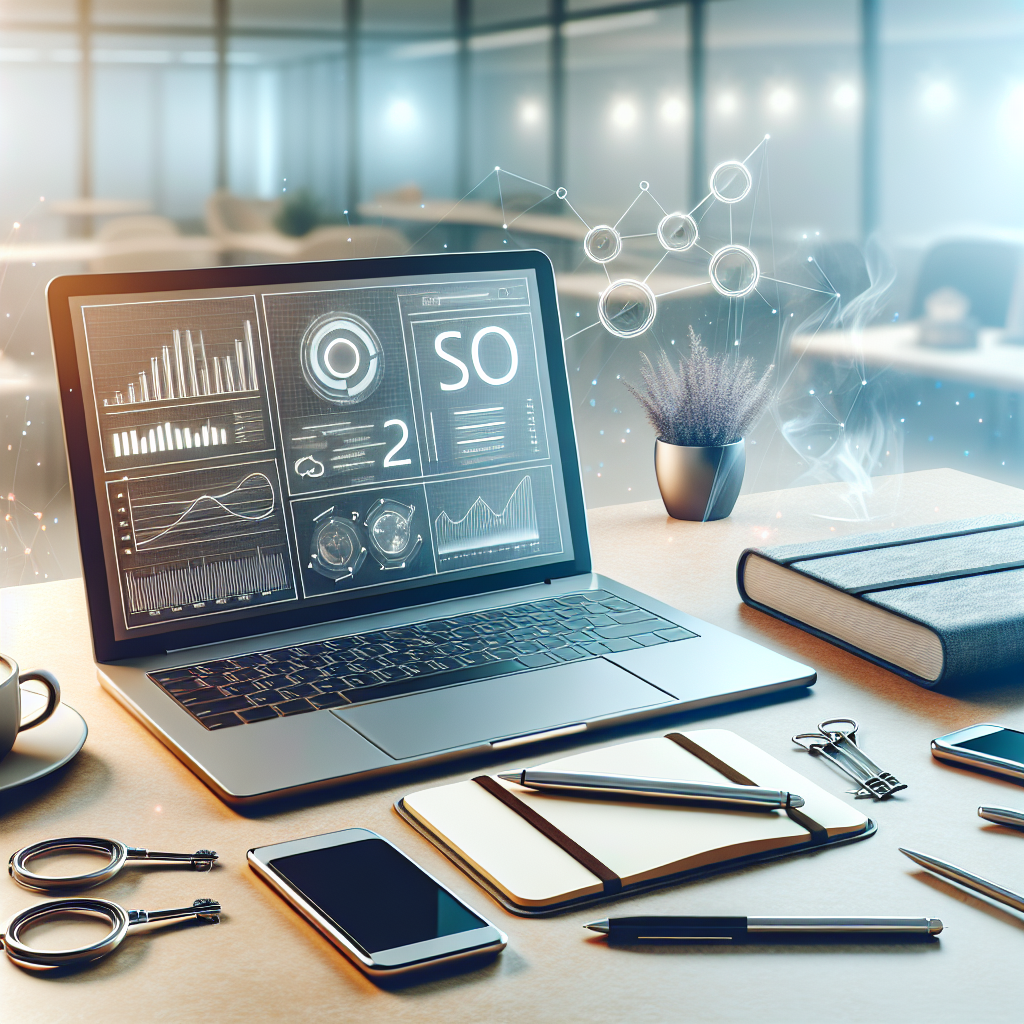 A workspace with SEO charts on a laptop, notebook, pen, smartphone, and coffee in a modern office.