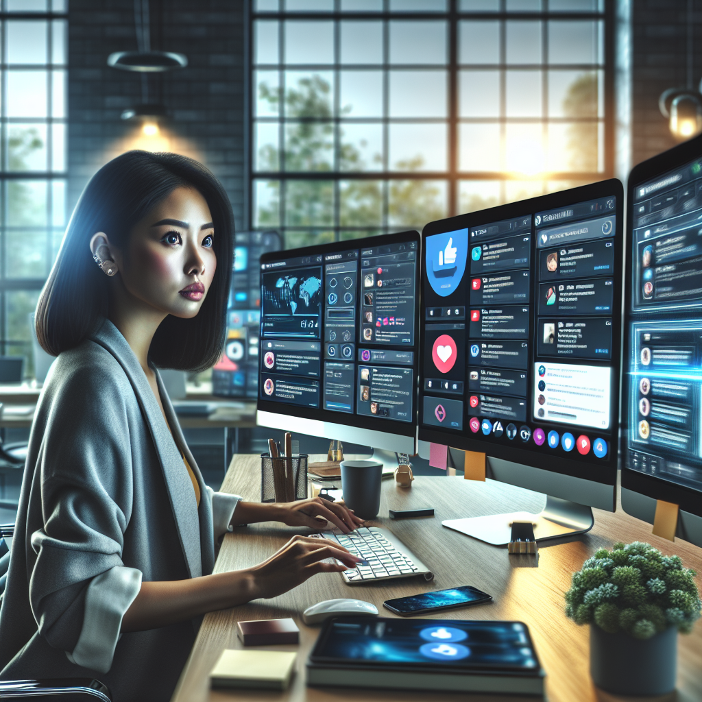 A social media manager working at a desk with multiple computer screens in a bright, organized office.