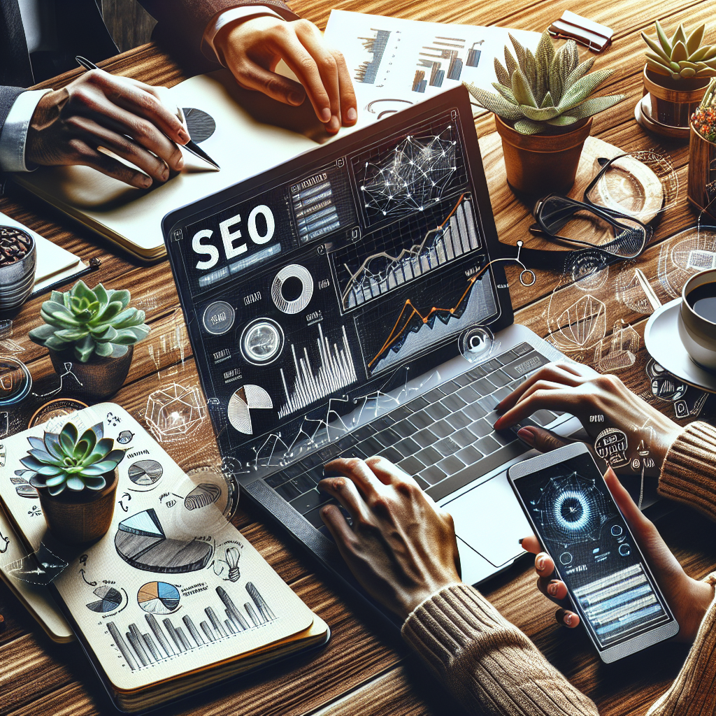 Realistic depiction of a workspace focused on SEO and digital marketing.