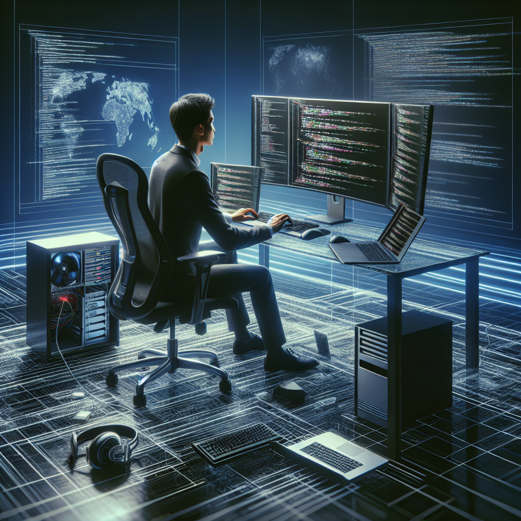 A realistic depiction of an expert web developer working on intricate code, surrounded by modern tech gadgets in a well-lit workspace.