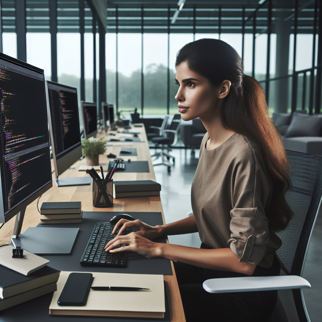 An expert web developer working on a computer in a modern, high-tech office.