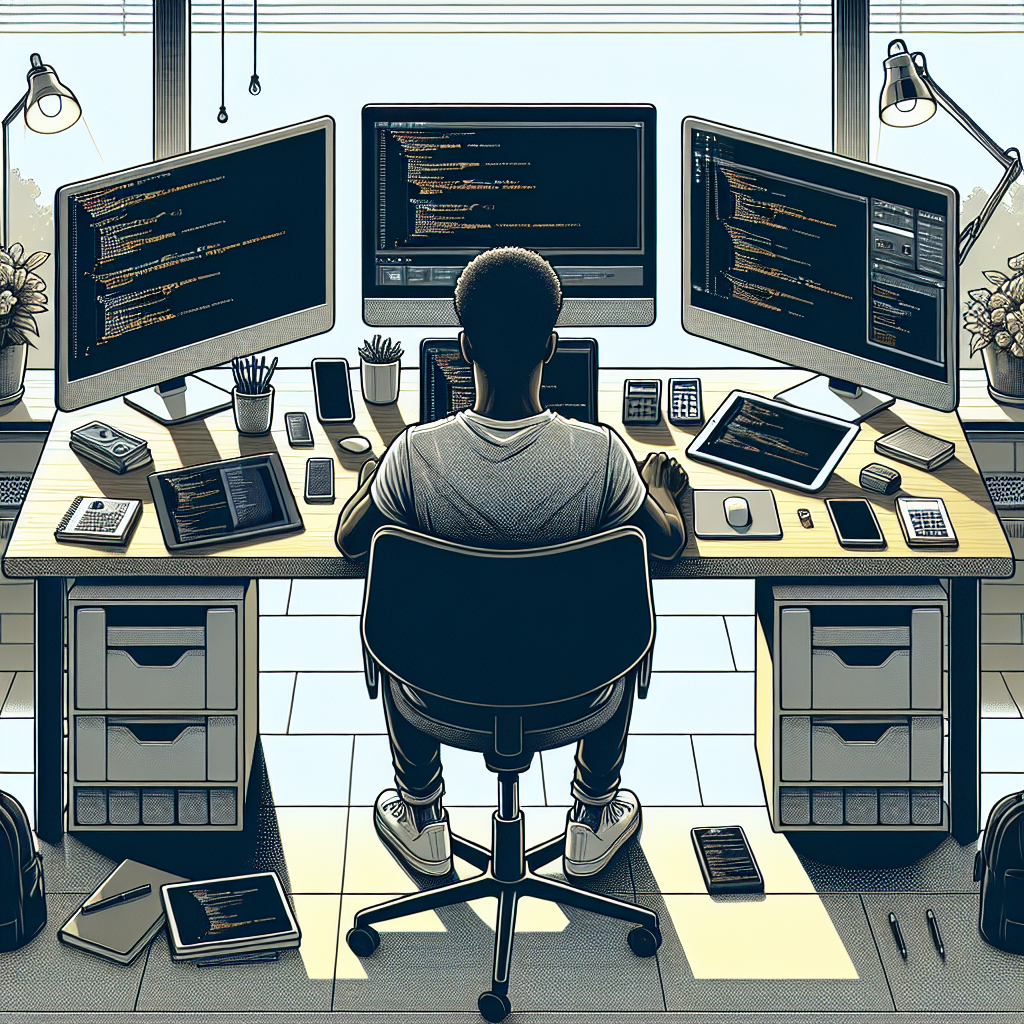 A realistic image of a professional web development workspace with someone coding on a laptop at a modern desk.