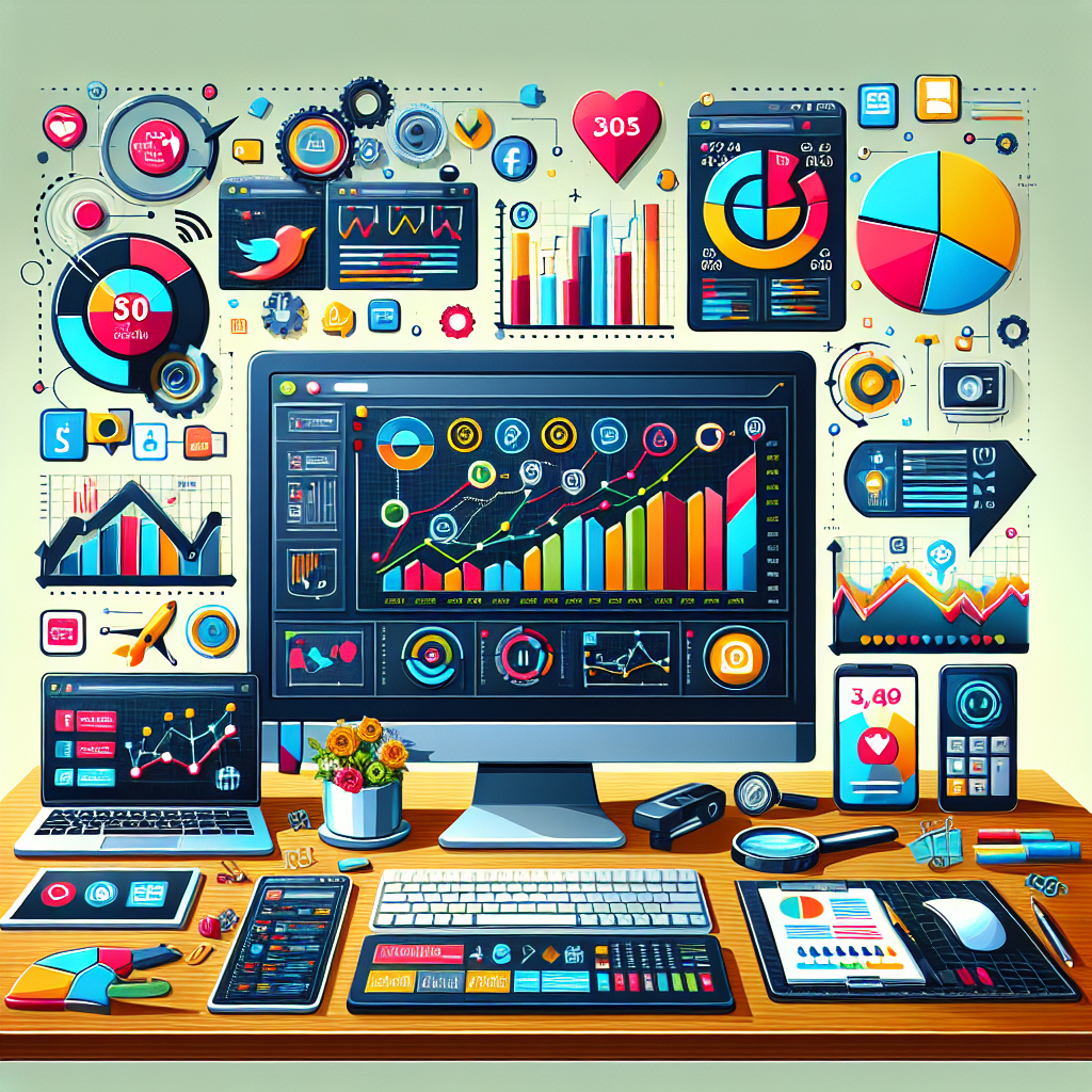 A realistic depiction of a digital marketing overview with analytics data, social media icons, charts, and a computer screen.