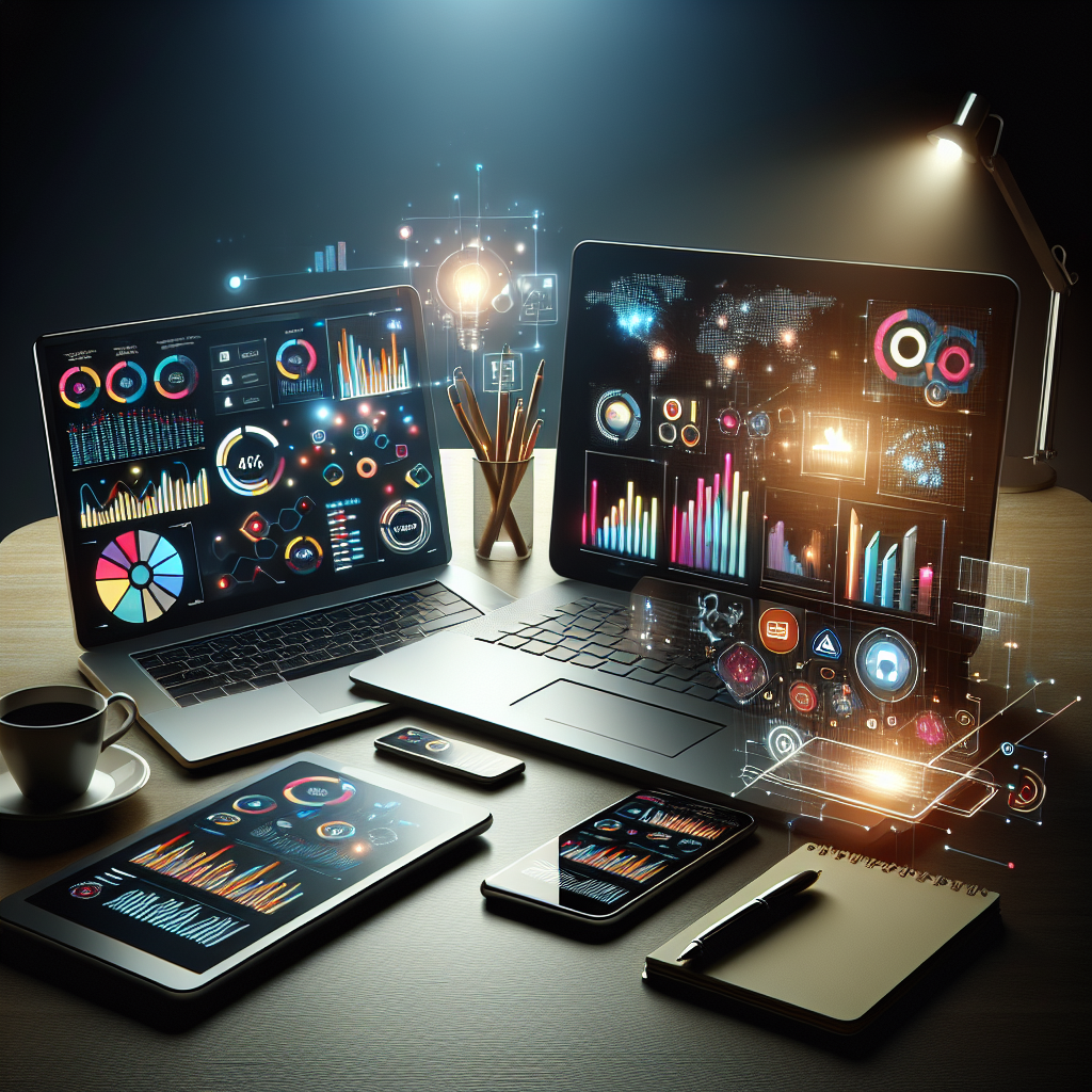 A realistic depiction of a digital marketing workspace with multiple devices displaying charts and graphs.