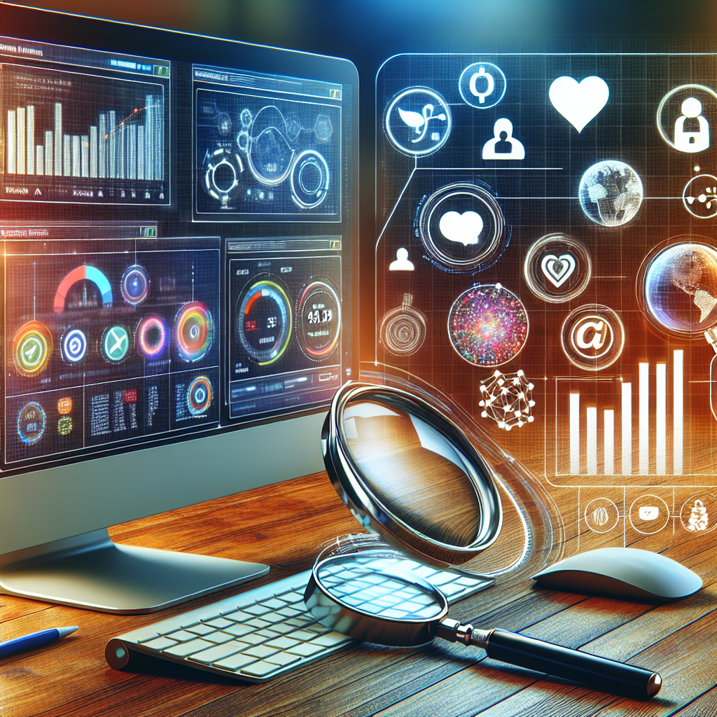 A realistic depiction of digital marketing elements including analytics, social media icons, and bar graphs in a professional workspace.