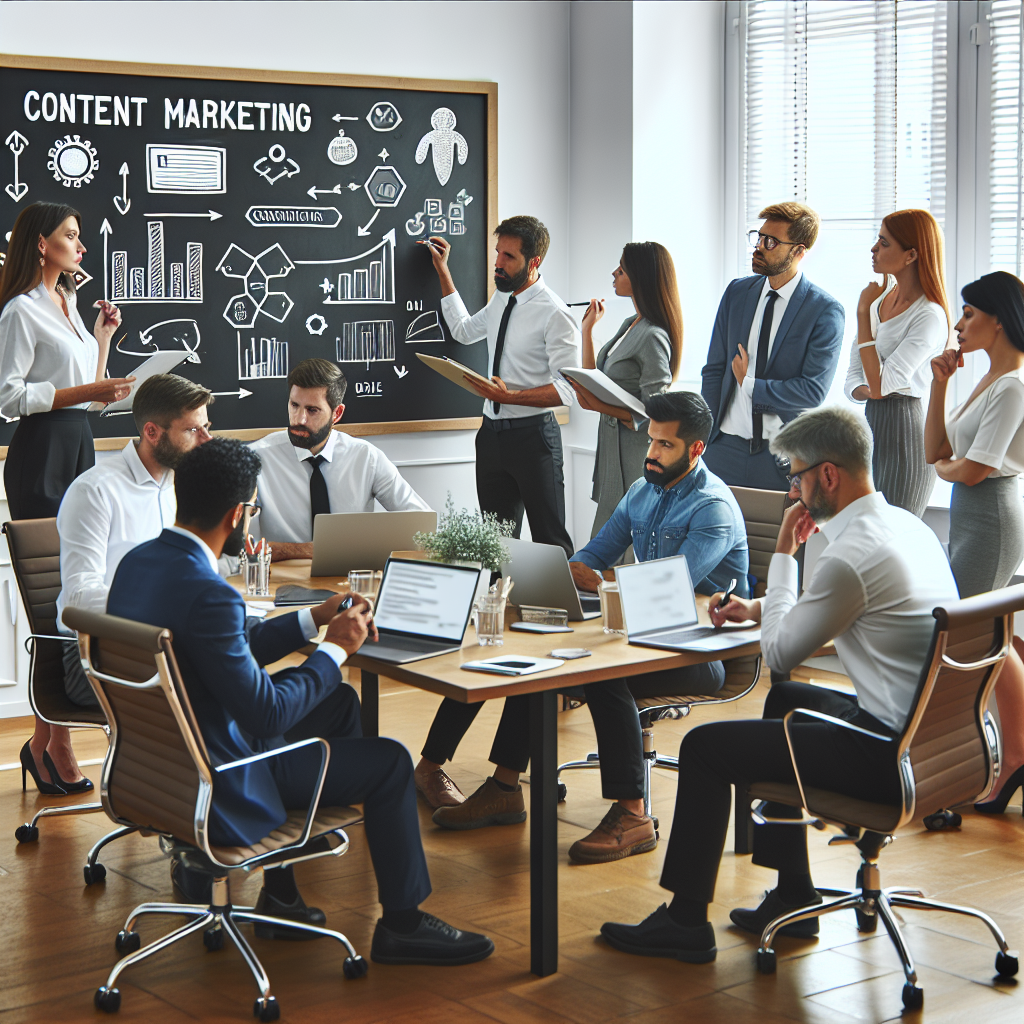 A group of content marketing experts collaborating in a modern office.