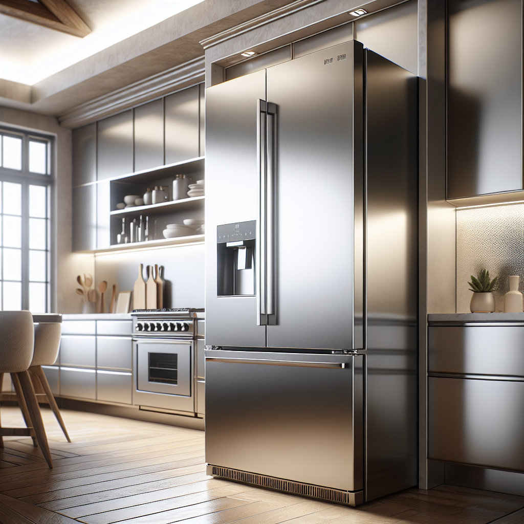 A hyper-realistic image of a stainless steel GE Monogram refrigerator in a modern, luxurious kitchen setting with natural ambient lighting.