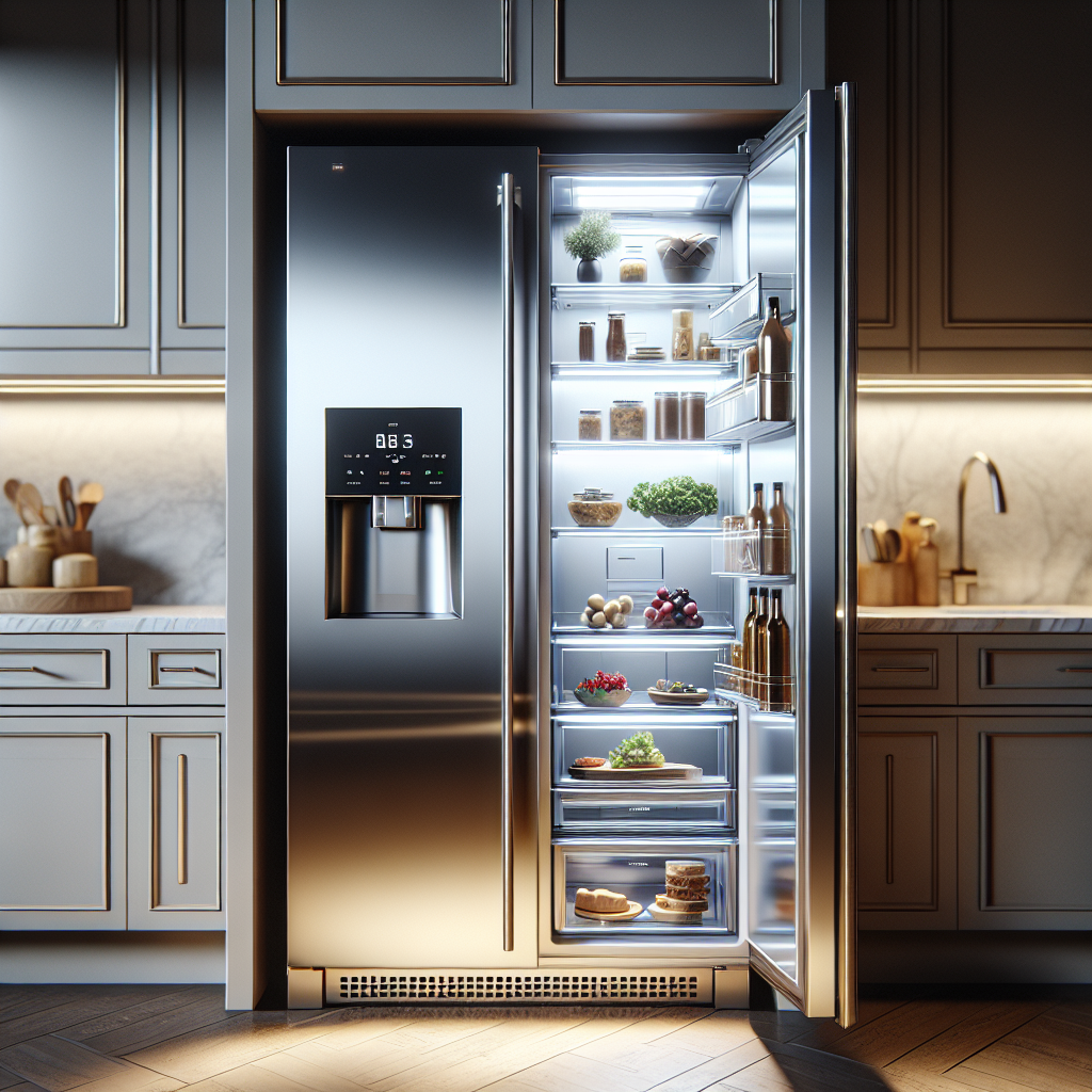 A modern luxury kitchen with a stainless steel GE Monogram refrigerator, subtly lit to highlight the appliance's sleek design and sophistication.