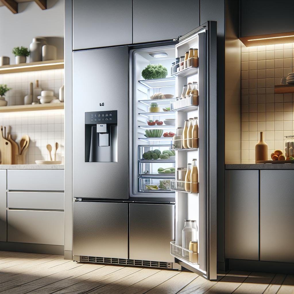 Modern kitchen with a silver LG refrigerator partially open, revealing contents, in a minimalist setting with soft lighting.