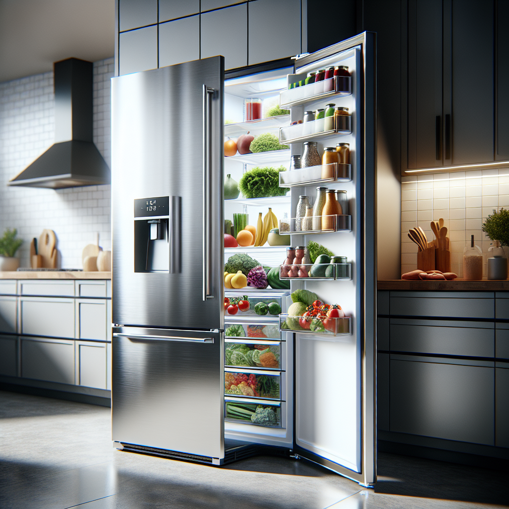 Realistic image of a partially open LG refrigerator in a modern kitchen, stocked with fresh groceries.