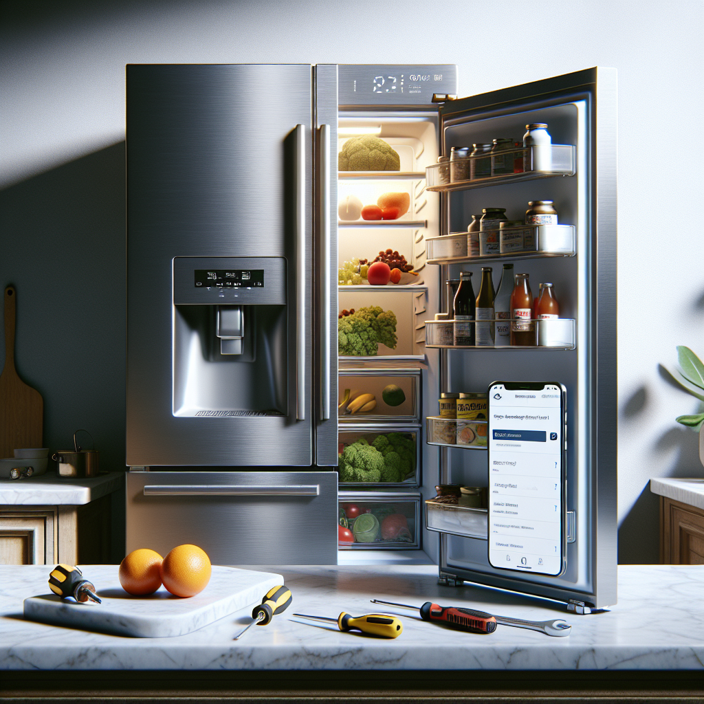 Modern kitchen with an open LG refrigerator stocked with food, repair tools, and a smartphone displaying a repair website.