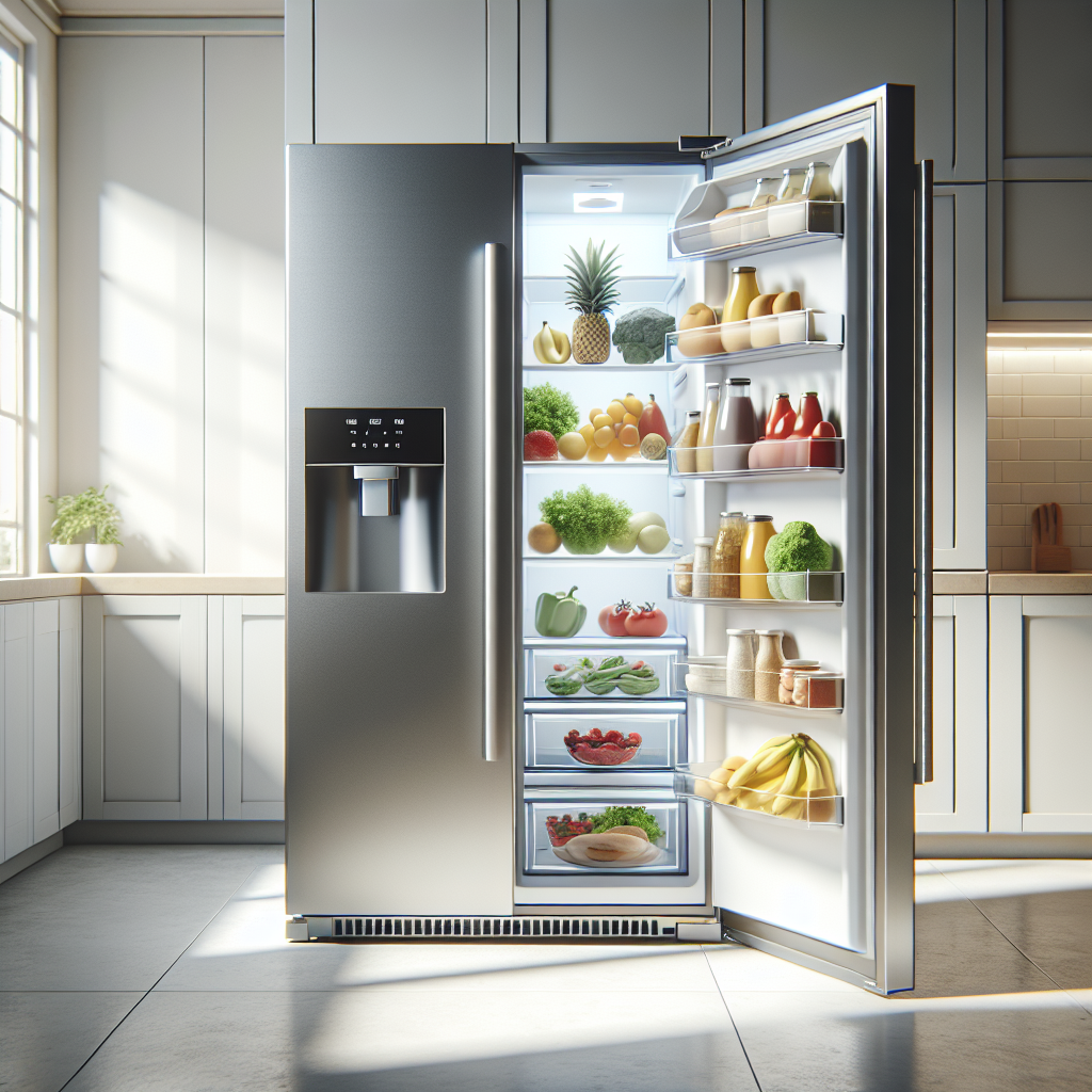 An open, silver LG refrigerator filled with fresh food in a modern, well-lit kitchen.