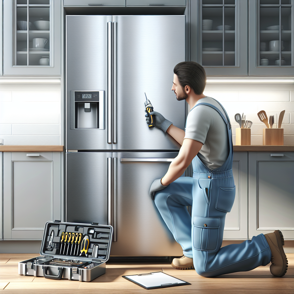 A technician repairing a GE Monogram refrigerator in a modern, well-lit kitchen.