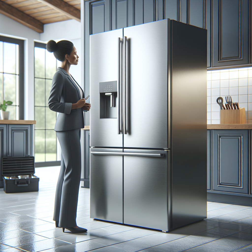 A technician repairing a GE Monogram refrigerator in a modern kitchen with a stainless steel finish.