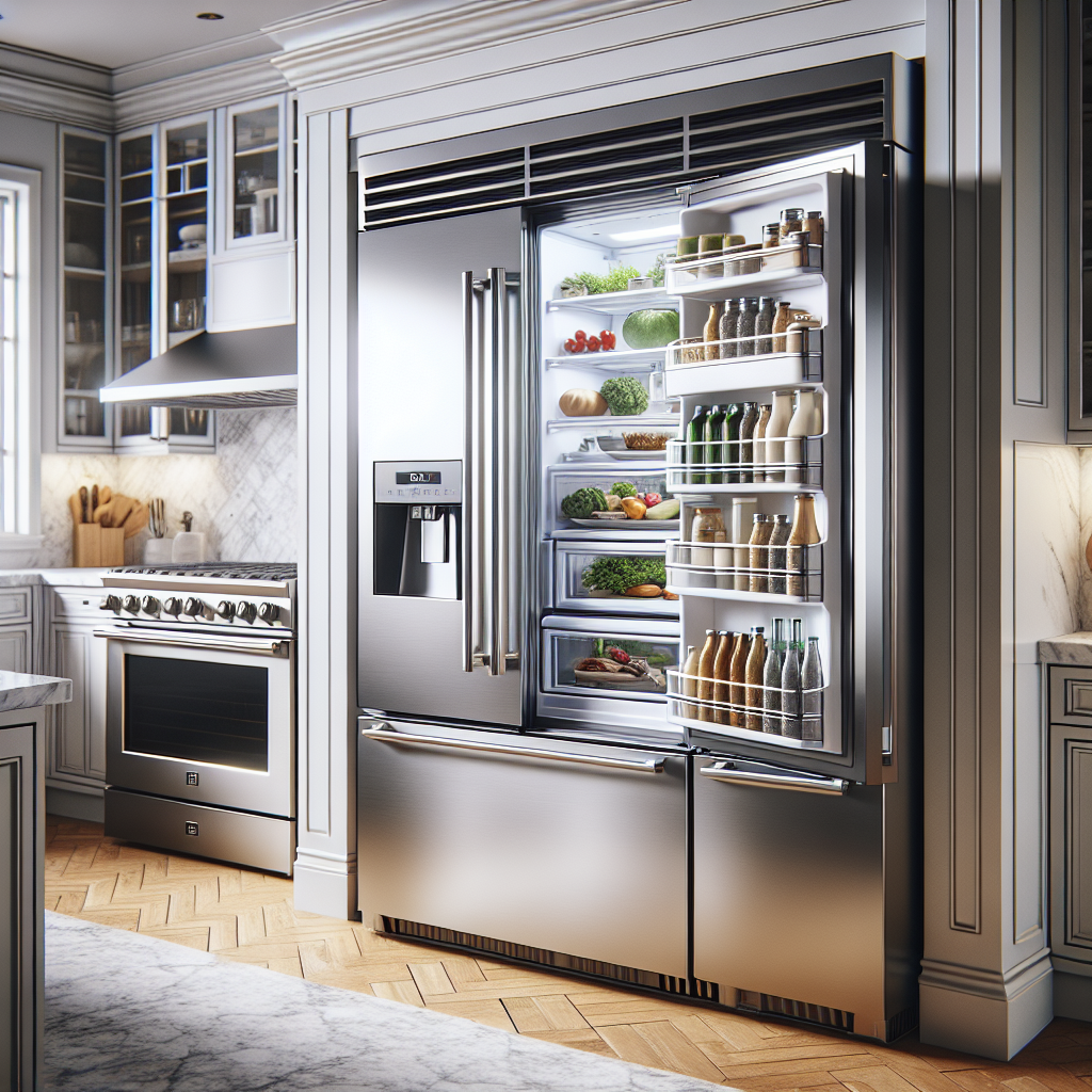 An open GE Monogram refrigerator in a modern kitchen setting.