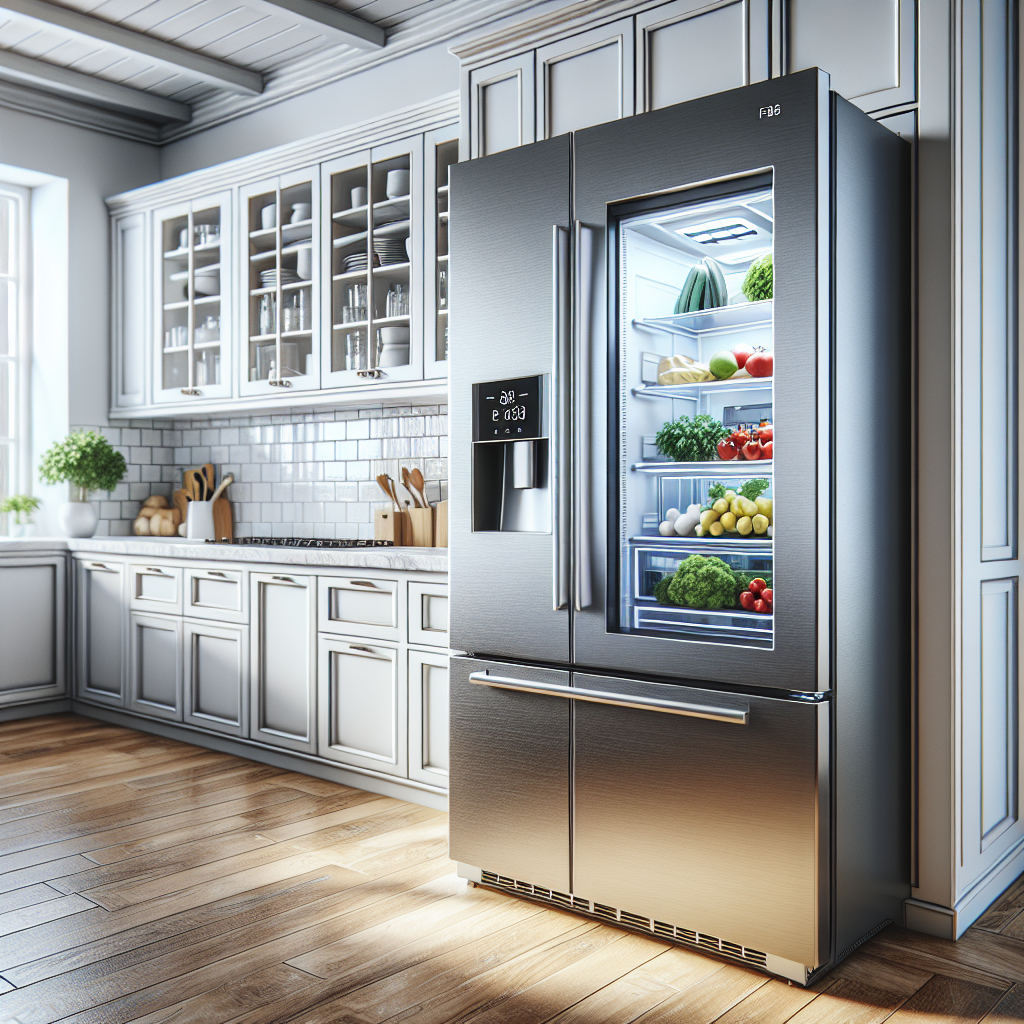 A realistic image of a sleek GE Monogram refrigerator in a modern kitchen setting.