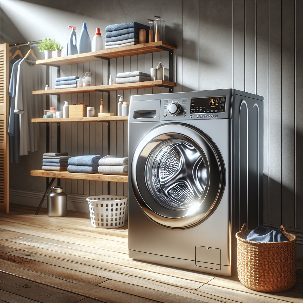 A realistic modern laundry room with a Samsung front-load washer.