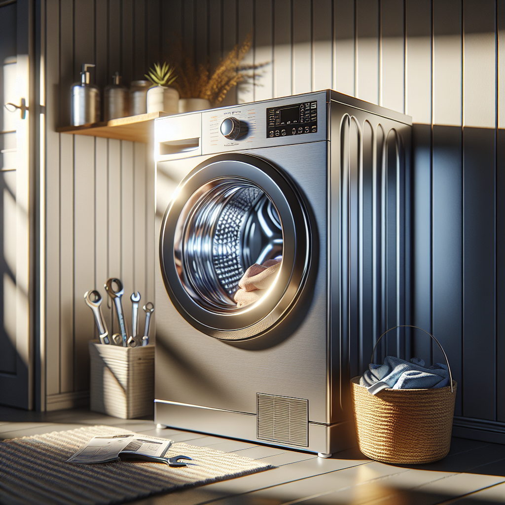 A modern Samsung washer in a well-lit laundry room with a sleek design, tools, and a user manual nearby.