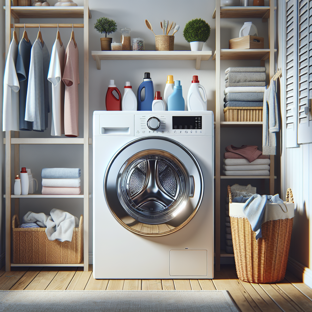 A realistic illustration of a Samsung washer in a well-organized laundry room.