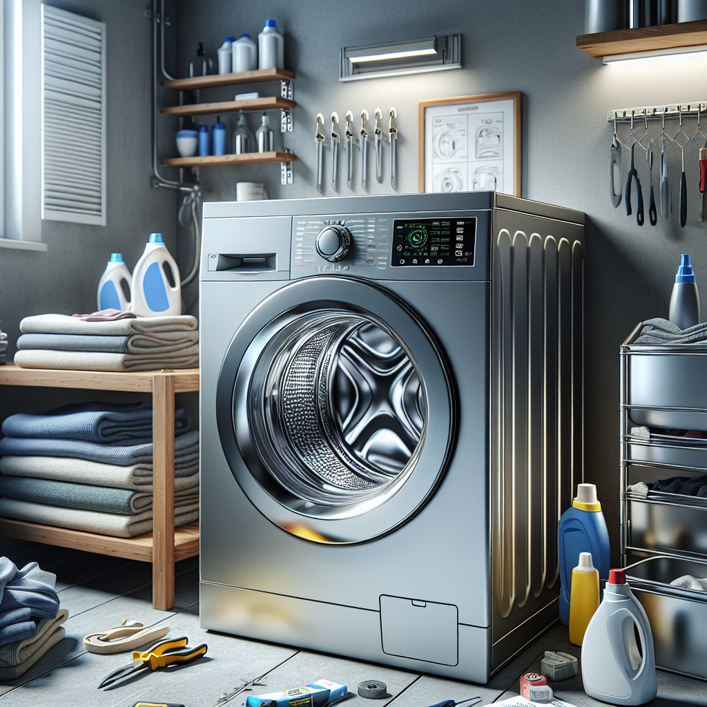 Samsung washing machine in a laundry room with repair tools and folded clothes.