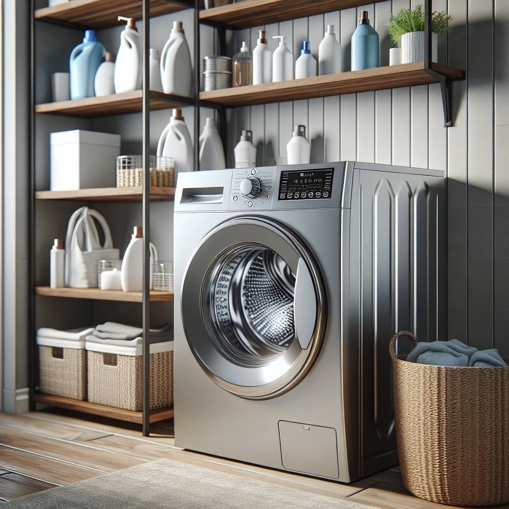 A realistic image of an LG washer in a clean, modern laundry room.