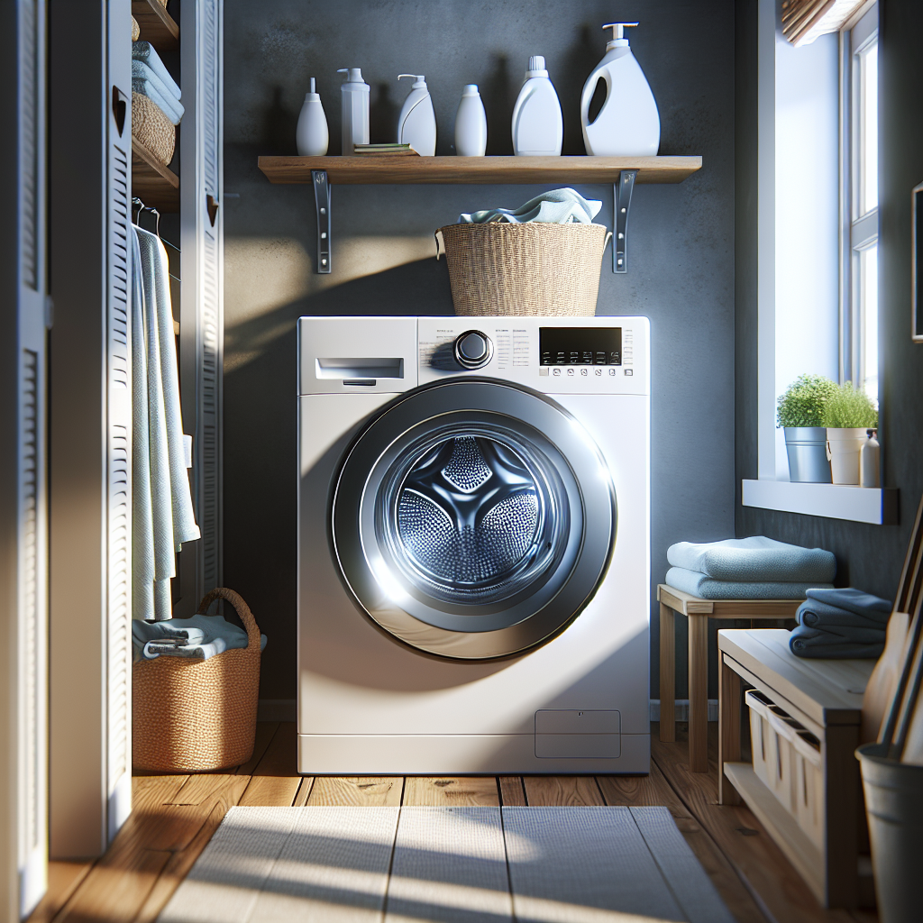 A realistic image of an LG washer in a well-lit home laundry room.